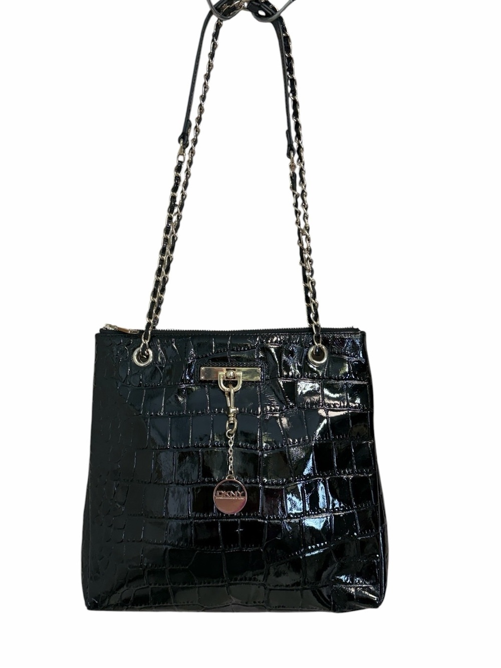 DKNY Croc-Embossed Patent Shoulder Bag with Chain Straps